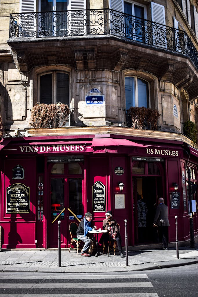 A classic Parisian café in the vibrant city setting, perfect for urban exploration.