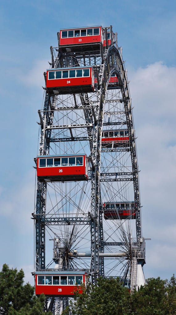 A vibrant view of the Riesenrad Ferris Wheel at Prater Park in Vienna, Austria.