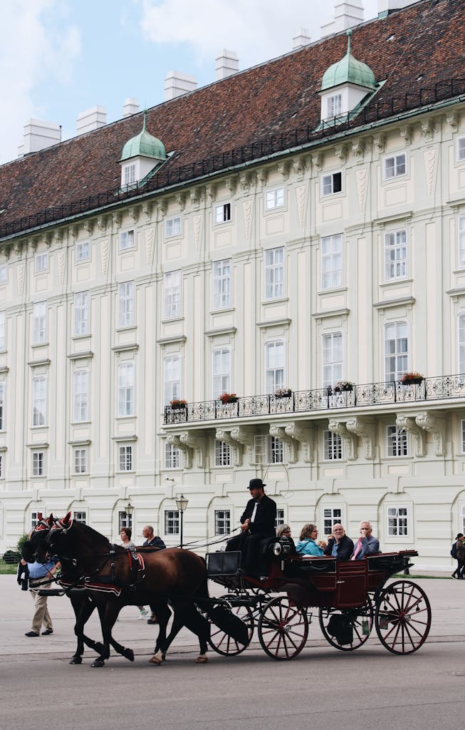 Elegant horse-drawn carriage in front of classic Vienna architecture during a sunny day.