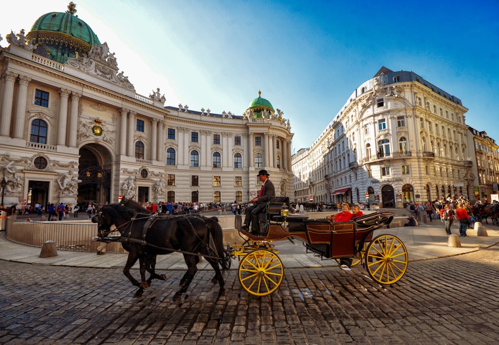 Horse-drawn carriage in front of the iconic Vienna Hofburg Palace, a popular tourist attraction.