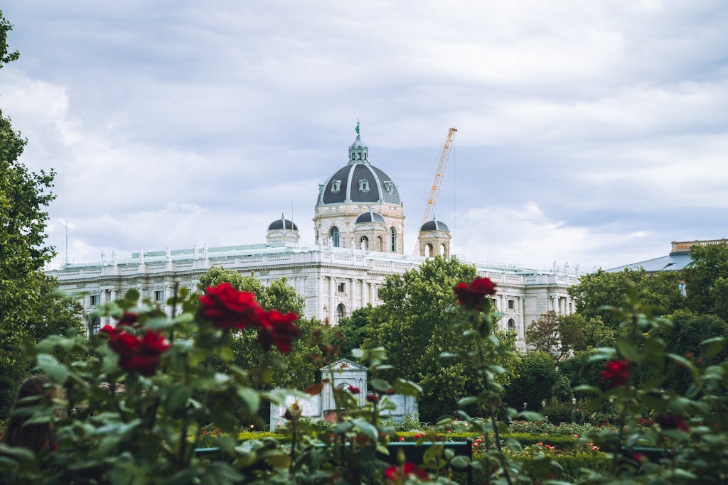 View of Vienna's Kunsthistorisches Museum with garden roses and greenery in the foreground.