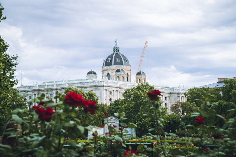 View of Vienna's Kunsthistorisches Museum with garden roses and greenery in the foreground.